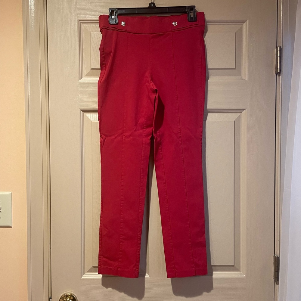 Rafaella Comfort Women’s Vibrant Red Pull-On Pants, Pretty Waist Detail, Size 6